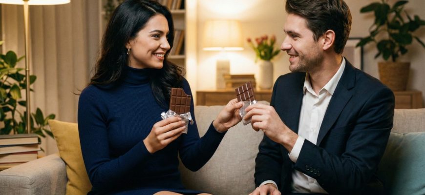 A smiling man offering a chocolate bar to his girlfriend, inviting her to play a logic game.