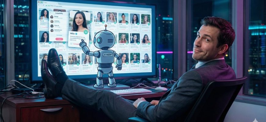 A man passively watching a digital screen where an AI interface selects female dating profiles for him.