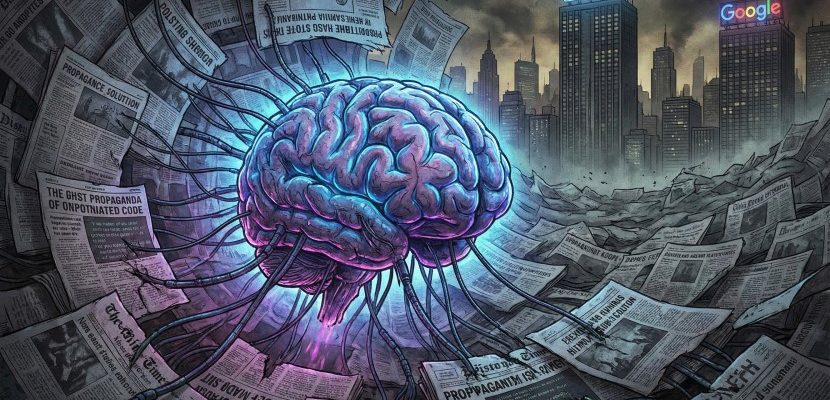 Illustration of AI depicted as a giant brain extending tentacles over global newspaper publications, symbolizing control over media.