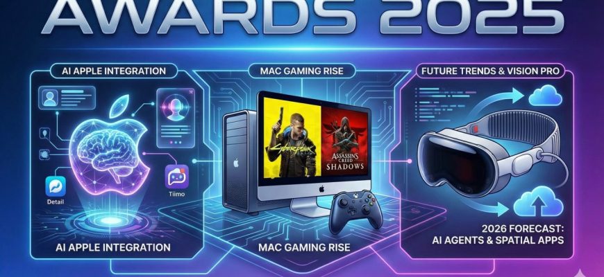 Apple Awards 2025 finalists. Analysis of key trends: the rise of AAA gaming on Mac, practical AI Apple integration, Vision Pro's evolution, and forecasts for 2026 apps