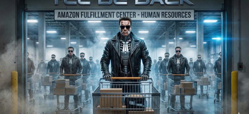 Terminator-style 90s clones holding warehouse dollies instead of weapons, symbolizing AI job loss in the logistics sector.