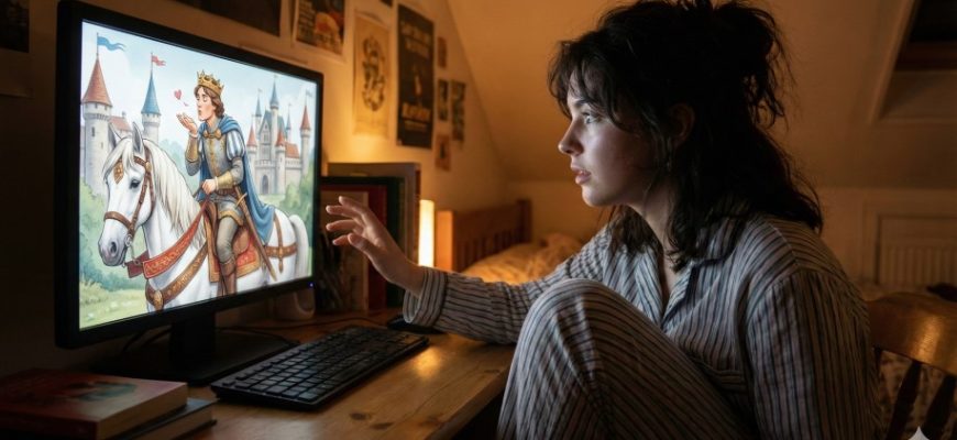A young woman looking captivated at a screen showing a virtual prince character engaging in conversation with her.
