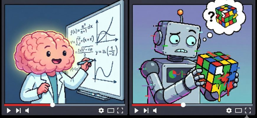 A two-panel pixel art comic styled as YouTube videos illustrating AI capabilities. The left panel, labeled "AI SOLVING COMPLEX MATH," shows a glowing brain character in a lab coat confidently writing advanced equations on a whiteboard. The right panel, labeled "AI GENERATING A RUBIK'S CUBE IN VIDEO," shows a glitching, confused robot holding a distorted, melting Rubik's cube with a question mark thought bubble above its head, highlighting the contrast between logical creativity and visual generation flaws.